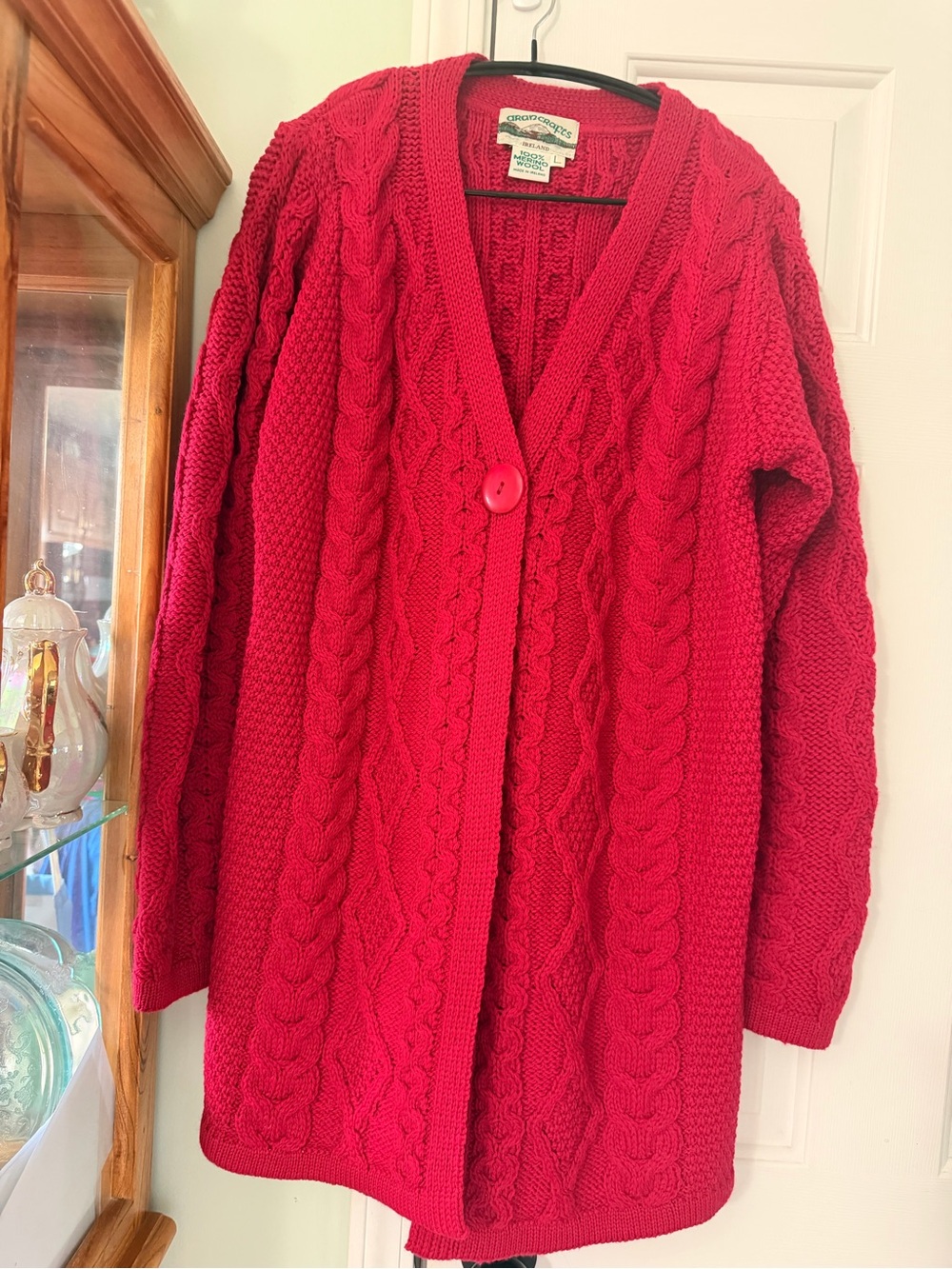 Aran Crafts  Red  Cardigan Pre treated wool protectant see description